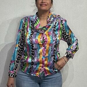 Anastasia Abstract Metallic Stripe Satin Vintage Button Front Blouse Sz 10